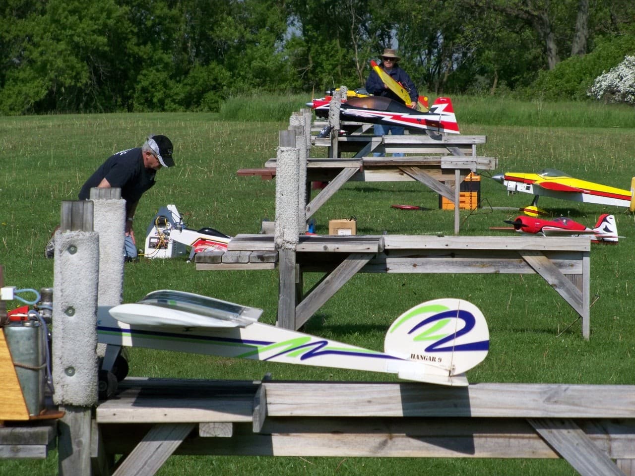Radio-control drone flying over the field