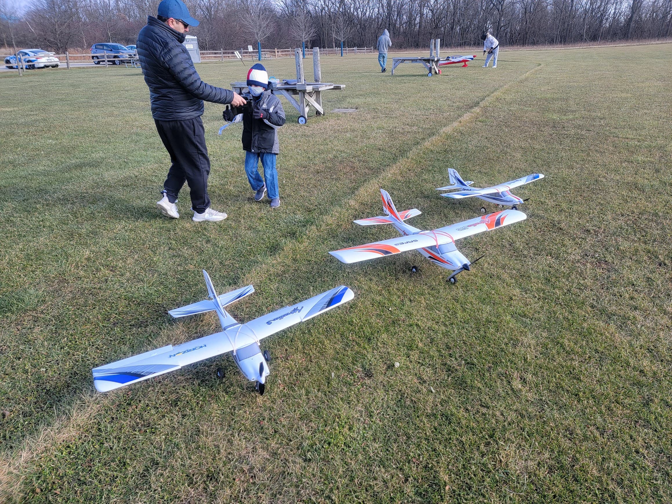 Model airplanes set up at the flying field